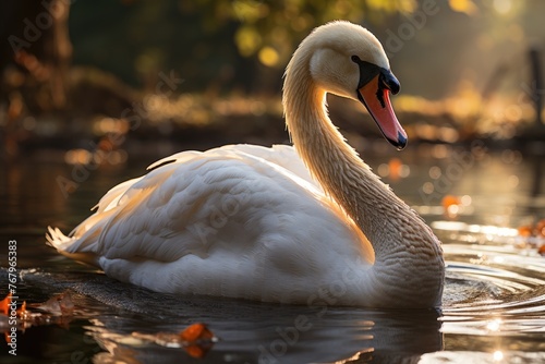 Majestic swan slides in urban park., generative IA