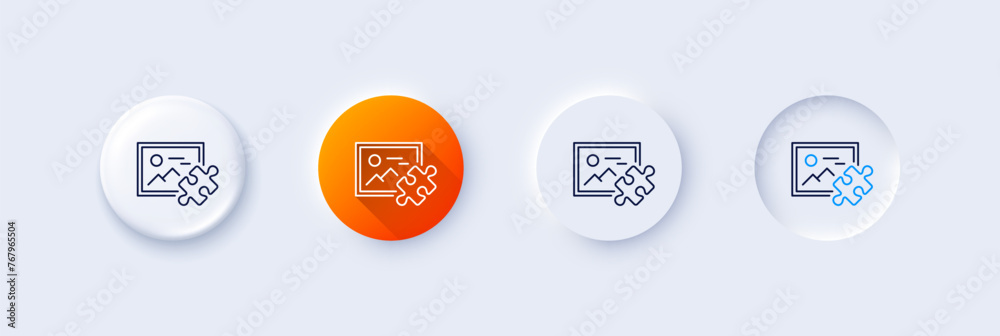 Puzzle image line icon. Neumorphic, Orange gradient, 3d pin buttons. Jigsaw piece with photo sign. Business challenge symbol. Line icons. Neumorphic buttons with outline signs. Vector