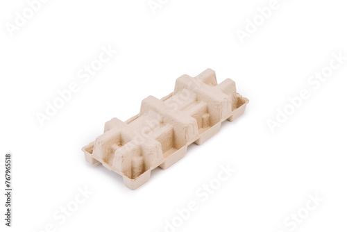 Quadro em tela A molded paper pulp packaging piece, typically used for securing items during shipping, isolated on a white background