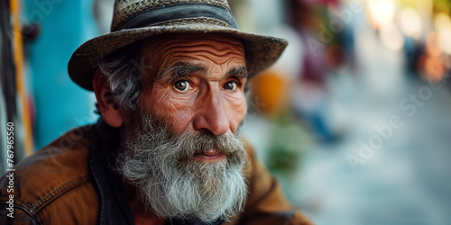 Senior man with a full beard and hat, expressive eyes, in a colorful street market setting, radiating character