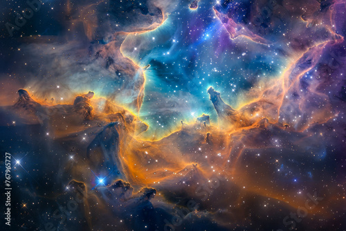 A vibrant depiction of a cosmic nebula, with a multitude of stars set against rich interstellar clouds in vivid hues