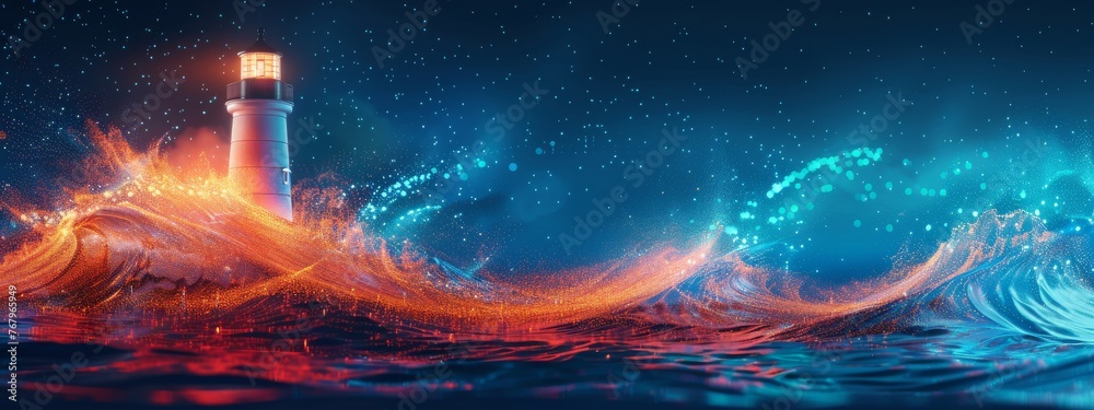A dynamic image of digital waves crashing against a lighthouse, symbolizing GenAI's role in guiding and protecting digital assets in a cybersecurity context. - obrazy, fototapety, plakaty 