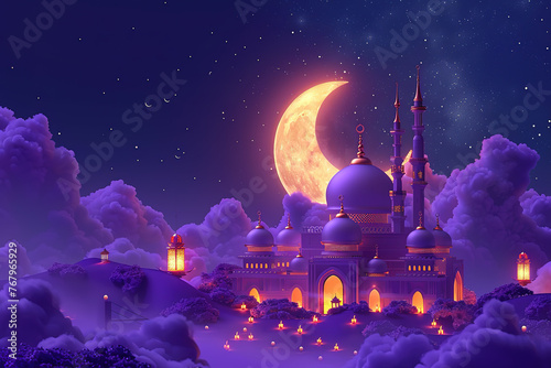 3d illustration of flat design moon with golden mosque and lantern on purple background