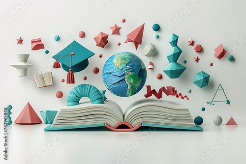 3D render of floating elements related to education photo