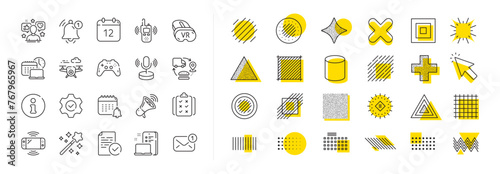 Game console, Joystick gamepad and Quiz report set. Design shape elements. Tech line icons. Microphone tech, Radio set and Report reminder icons. Annual calendar, supply chain and notice alert. Vector