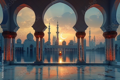 A beautiful view of the crescent moon shining through an Islamic archway, with mosque minarets visible in the background. 