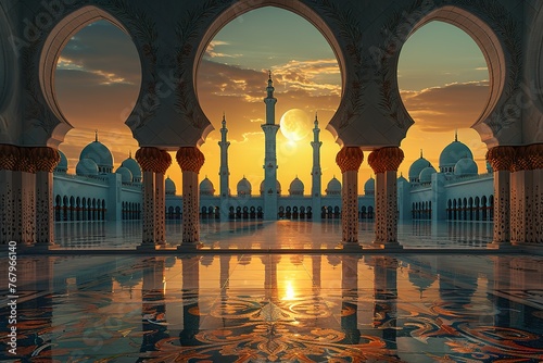 a view of a mosque with arches and a sunset in the background © Graphsquad