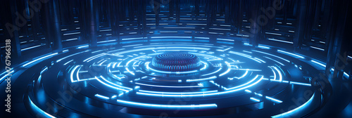 Aerial view of Blue Neon Illuminated Labyrinth - The Path to Solution in Futuristic Maze Concept
