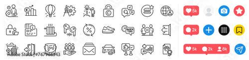 Loan percent, Sign out and Best food line icons pack. Social media icons. Creative idea, Equality, Puzzle web icon. Card, Quick tips, Euro rate pictogram. Buy car, Radiator, Shoes. Vector