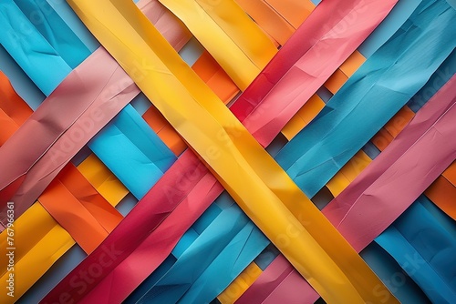 a close-up of a colorful wall with many different colored ribbons, A colorful frame made of colored paper strips, with a white background photo