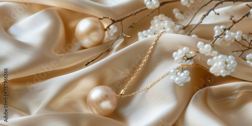 This photo showcases a close-up view of a gold cloth adorned with elegant pearls, creating a luxurious and sophisticated look
