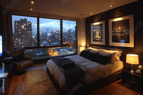  bedroom with a large bed and a large window, A dark bedroom with two large black and white framed posters on the wall