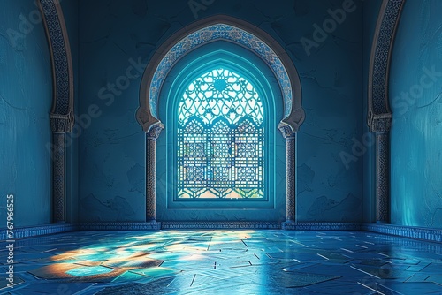 A glowing blue Islamic window, a blue room with a stained window and a tiled floor