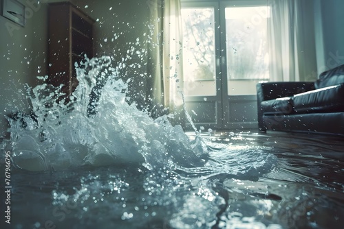 Water splashes in a flooded living room symbolizing property damage from indoor flooding. Concept Indoor Flooding, Property Damage, Water Splashes, Home Disaster, Insurance Claims photo