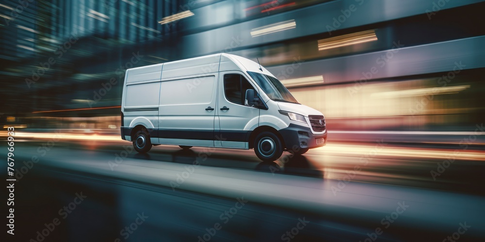 White commercial delivery van on the street with motion blur background