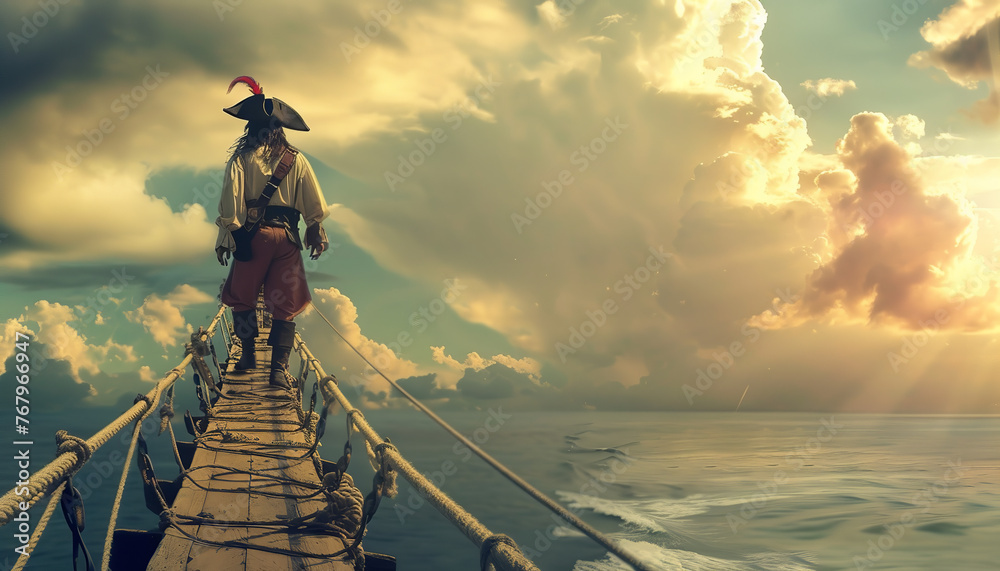Fototapeta premium A fearful pirate walks the plank under duress - extending over tumultuous ocean waters while his crew watches in suspense wide