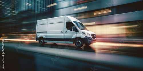 White commercial delivery van on the street with motion blur background