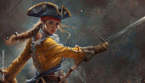 Female pirate brandishing a sword photo
