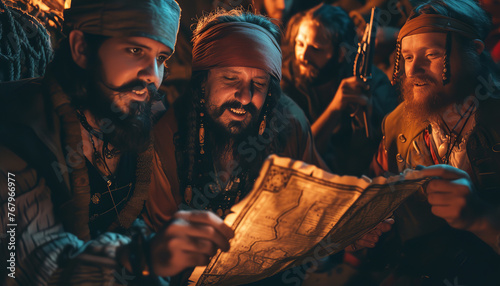 A group of pirates gather around a worn-out treasure map - pointing and debating the best route to the hidden treasure wide photo