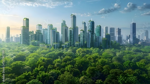 A city with tall buildings and green trees