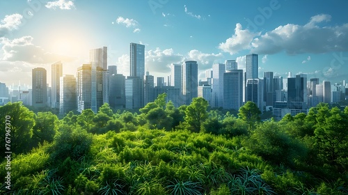 A city skyline with a large green field in the middle