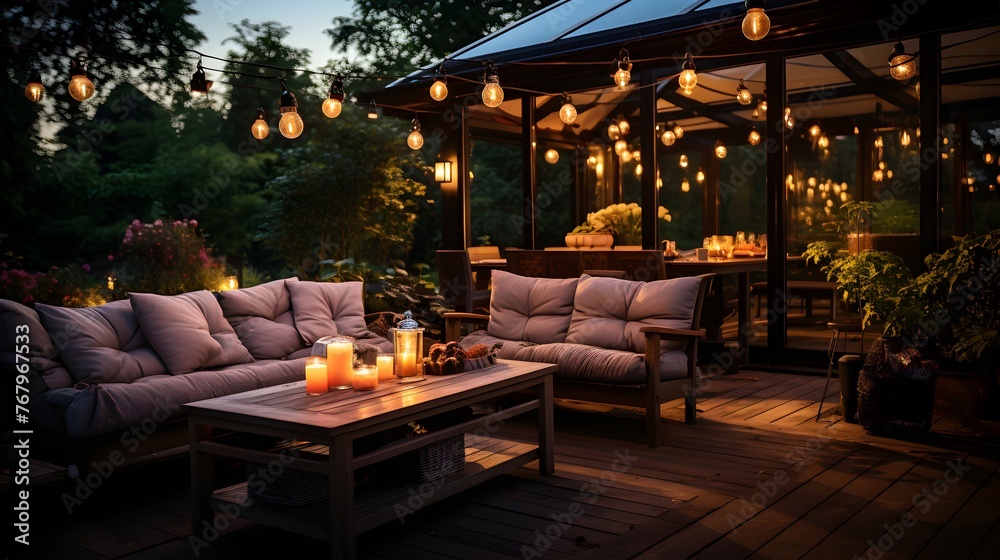 A comfortable outdoor patio area adorned with outdoor string lights, providing a warm and inviting ambiance on a summer evening in the garden of a suburban house