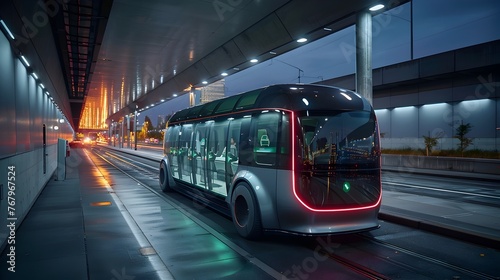 A futuristic bus is driving down a street at night