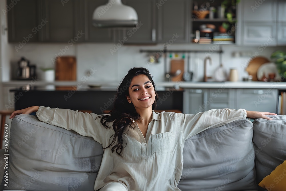 Happy Indian Woman Relaxing on Sofa in Modern Living Room
Happy Indian Woman Relaxing on Sofa in Modern Living Room