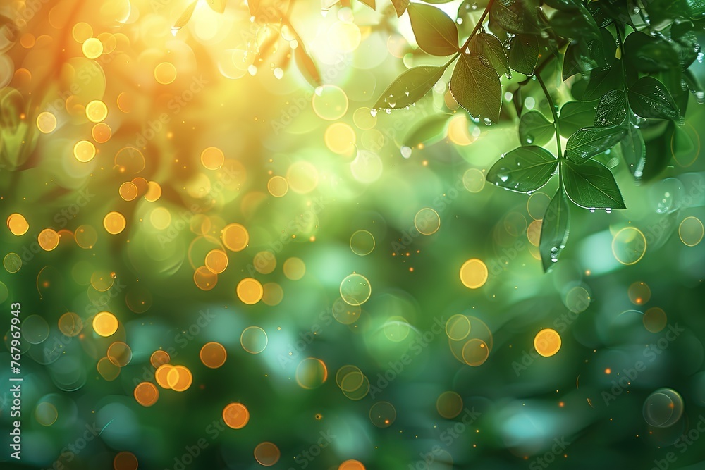 a green tree with leaves and sunlight shining through it, Abstract blurred background with soft orange and light green colors. 