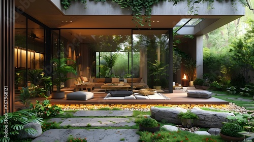 A large open living room with a fireplace and a lot of greenery