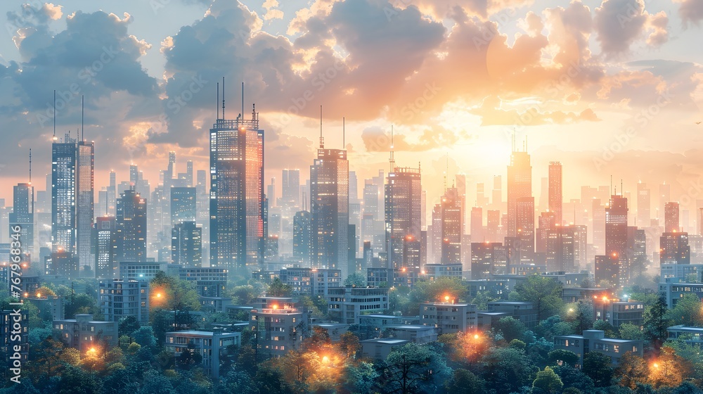 Fototapeta premium A city skyline with a beautiful sunset in the background