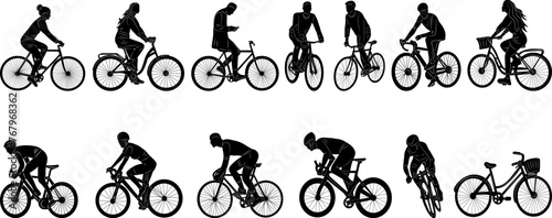 people riding a bicycle set silhouette, on a white background vector