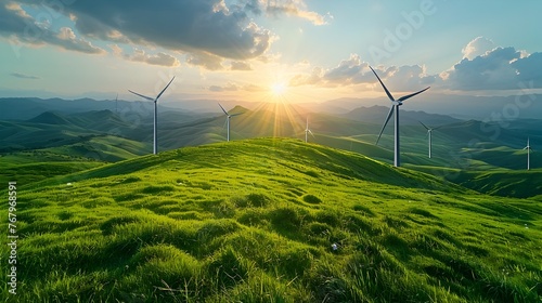 A field of wind turbines with the sun shining on them