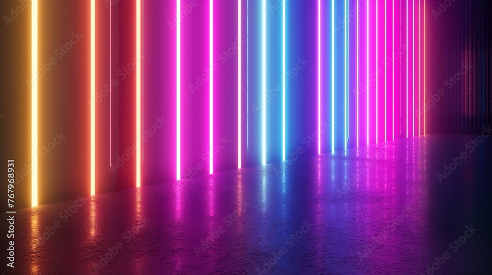 A series of colorful vertical neon lights illuminating a dark space with a reflective floor.