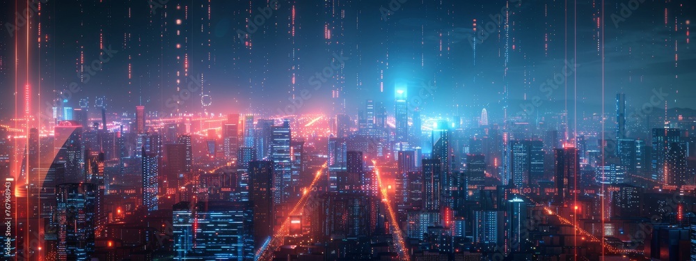 A futuristic cityscape at night, illuminated by neon lights, symbolizing the digital landscape, with GenAI-powered cybersecurity shields protecting the infrastructure.