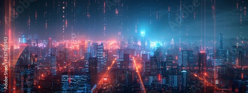 A futuristic cityscape at night  illuminated by neon lights  symbolizing the digital landscape  with GenAI-powered cybersecurity shields protecting the infrastructure.