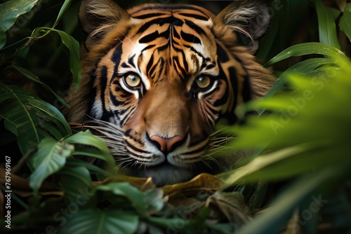 Sumatra tiger hunting in the exuberant tropical forest.  generative IA