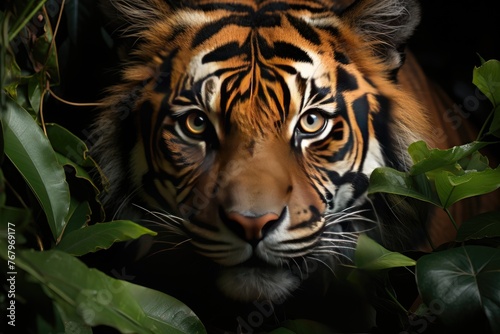 Sumatra tiger hunting in the exuberant tropical forest.  generative IA