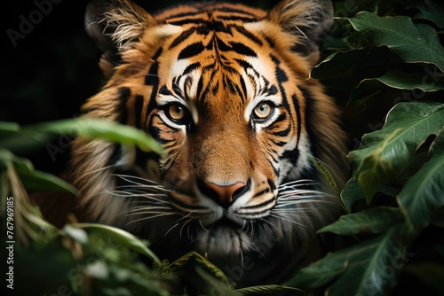 Majestic tiger in tropical jungle displays orange coat with black stripes., generative IA © JONATAS
