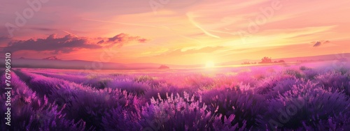 A gentle sunrise over a field of lavender, with a soft breeze.