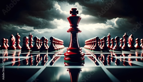 A striking chessboard setup under a dramatic sky, with a focused light shining down on a singular, red king piece standing tall and central. It is poised in a moment of triumph or challenge photo