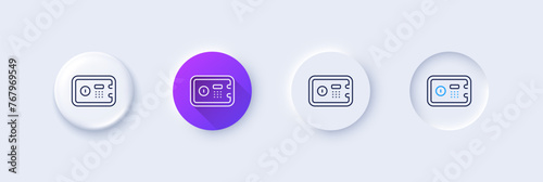 Safe box line icon. Neumorphic, Purple gradient, 3d pin buttons. Secure deposit sign. Hotel service symbol. Line icons. Neumorphic buttons with outline signs. Vector