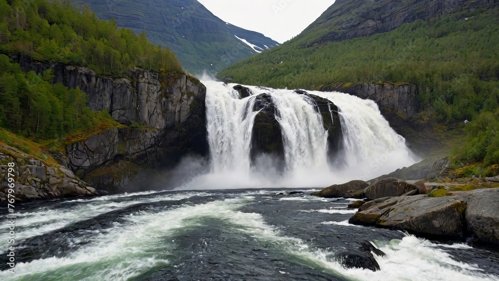 Embark on a holiday trip in a motorhome, experiencing the freedom of caravan car vacation. Travel along the road to witness the majestic Latefossen Waterfall in Odda, Norway, a powerful twin waterfal