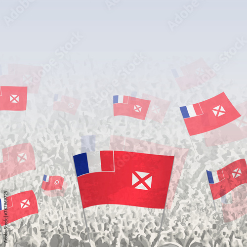 Crowd of people waving flag of Wallis and Futuna square graphic for social media and news.