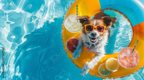 A dog in sunglasses lounges in a pool on an inflatable ring with cocktails, exuding contentment and humor photo