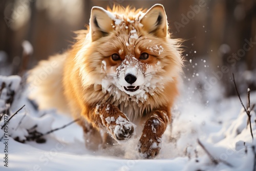 Fox hunting rodents in the snow with a fuzzy tail., generative IA photo