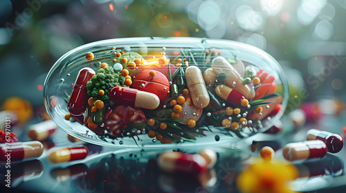 Close Up of Food and Vegetables within Pills Technology. Cooking Up Personalized Medicine Solution