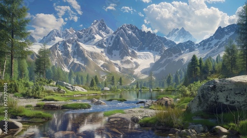 A Painting of a Mountain Range With a River