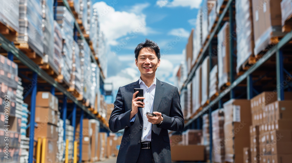 Asian man owner mananger of SME business warehouse storage.Generative AI