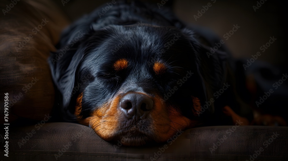 Obraz premium Rottweiler on a cozy sofa sleeping